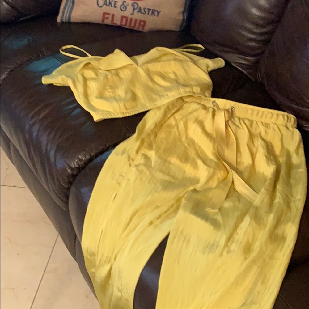 Yellow crop top with matching wide leg pants